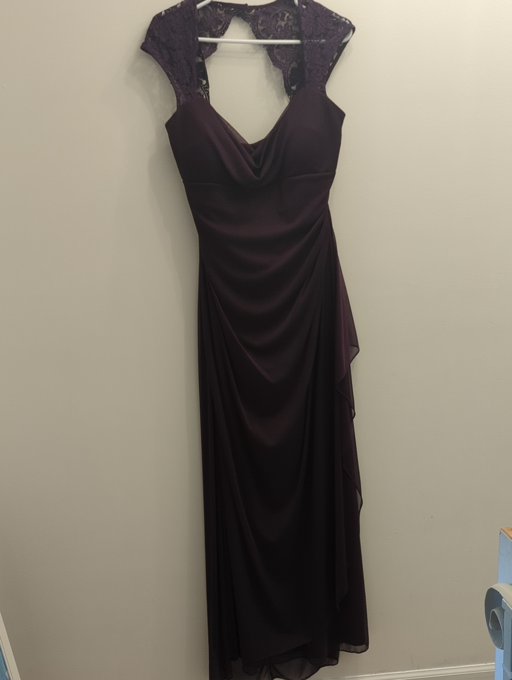 Elegant Plum Lace-Shoulder Evening Gown with Matching Shawl, Women's 18